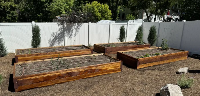 Three raised redwood garden beds on fresh soil along a white vinyl fence.